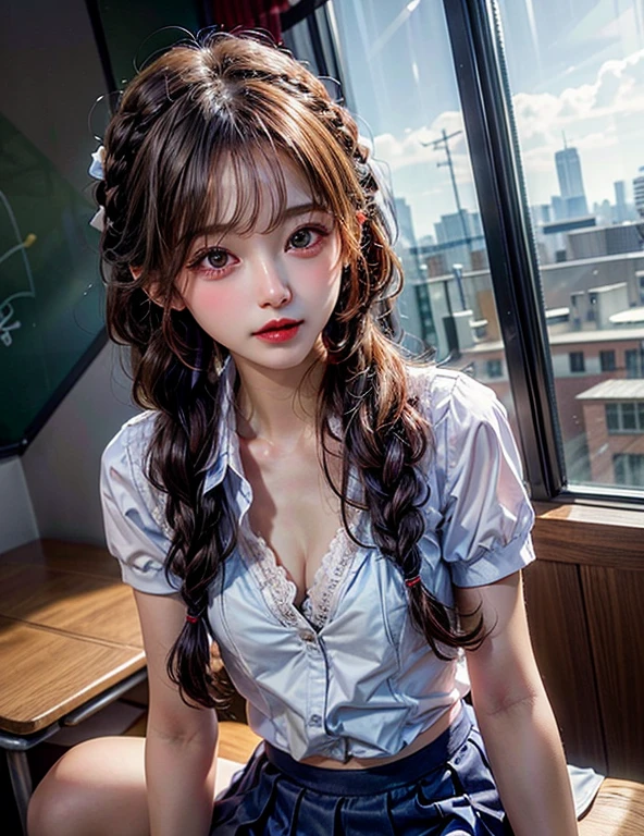 1 beautiful young girl, Pretty Face, (slim body:1.2), Practical, Extremely detailed CG unified 8k wallpaper, Very detailed, High-resolution original color photos, Professional photography, Practical portrait, light, Beautiful and detailed, (Beautiful breasts), (cleavage:1.2), (School uniform with wide open chest:1.5), (mini skirt:1.3), (Very small white lace panties:1.5), (Squat:1.1), Camel hoof detail, indoors, School, (best quality:1.4), Super Detail, high quality,long hair,蓬勃後long hair,braid,細braid,