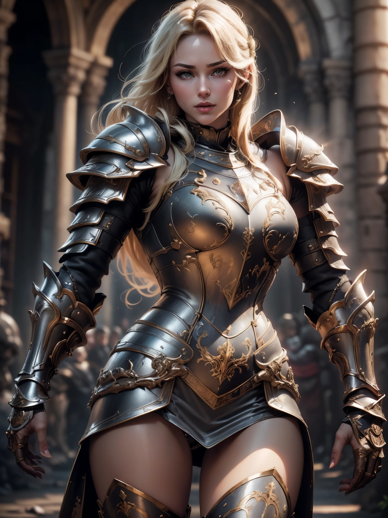 (Masterpiece, Superb Detail, Super Detailed, High Resolution), Male Focus, (((Female Armor))), (((Armor Dress Set))), (She Has Long Blonde Hair, Medium Breasts, Slim, perfect body, beautiful face), (((turn back))), (((show her butt))), (((open panty))), (((look at viewer))), Pose for Photo, City Ruins, Background Details, Solo