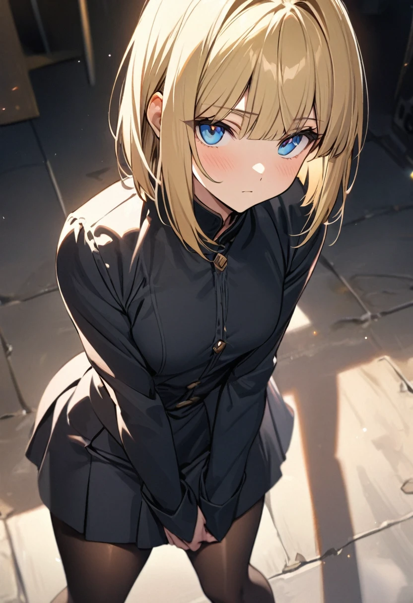 master piece, best quality, a cute girl, handsome, expressionless, 20 years old, short hair, hime cut, blonde hair, cute eyes, blue eyes, pantyhose