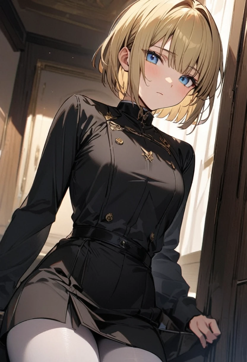 master piece, best quality, a cute girl, handsome, expressionless, 20 years old, short hair, hime cut, blonde hair, cute eyes, blue eyes, pantyhose
