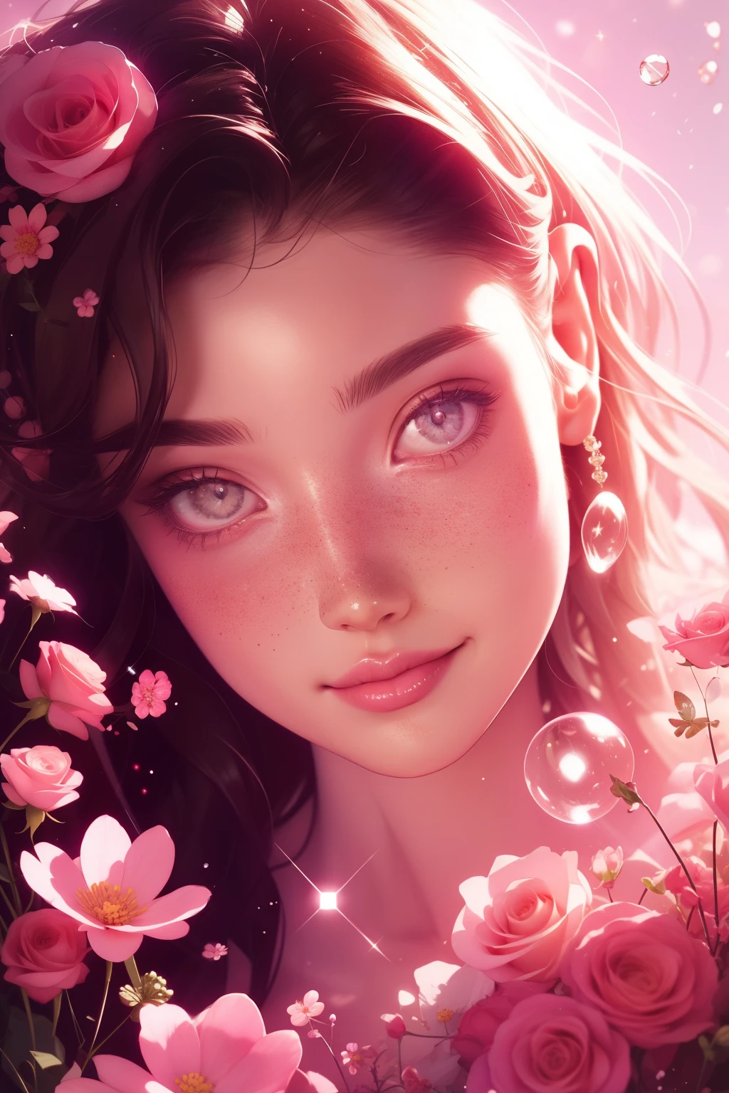 (This is a beautiful, intricate, (romatic) fantasy image that emphasizes beauty and grace.) Generate a blind curvy woman with soft natural freckles. Her face is important and should be (perfectly formed) with (beautiful puffy lips) and (perfect features). There is a cute freckle birthmark on her lip. The image exudes ethereal beauty and soft fantasy, with shimmering shades of pink throughout. Surround her with eternal roses in shimmering shades. Ensure perfection in her face, hair, and eyes. Include sweet and detailed birds and soft, luminous flowers and detailed roses. Utilize dynamic composition and dramatic lighting and cinematic lighting to create an interesting fantasy image. The background of the image is interesting and ultra-detailed, with soft fantasy lighting and gradients. Include fantasy details, cute aura, colorful, colourful, and interesting magical background. The image's background is decorated in shades of pink, shimmer, glitter, and fantasy details like colored bubbles and cosmos. Include subtle freckles, natural freckles and a diffused realistic skin tone. Incorporate elements of high fantasy, whimsy, and detailed elegance. English rose, princess, courtesan, noblewoman, sweet, lovely, calm, lovely, shimmering, glimmering, glittering, astrological fantasy, (((masterpiece))), (highest quality), magic rose, fantasy garden, beautiful face, perfect face, puffy lips, interesting, shy smile, fantasy elements, magic rose, beautiful eyes, perfect puffy lips, jewel tones, luminosity. Taken with a canon camera.