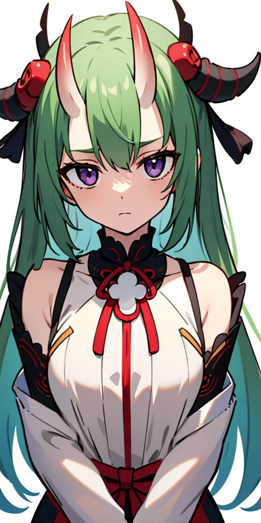 masterpiece, best quality, 4k, face close-up, portrait, 1girl, solo, beige hair, light green hair, pale green hair long hair, purple eyes, empty eyes, small breasts, (oni girl, oni horns), serious, determined, straight shot, white blouse, one piece blouse, japanese clothes, medieval fashion, standing, arms behind back, looking at viewer, white background, simple background, transparent background