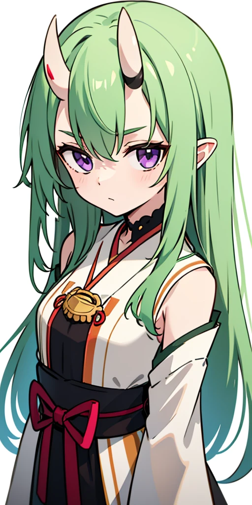 masterpiece, best quality, 4k, face close-up, portrait, 1girl, solo, beige hair, light green hair, pale green hair long hair, purple eyes, empty eyes, small breasts, (oni girl, oni horns), serious, determined, straight shot, white blouse, one piece blouse, japanese clothes, medieval fashion, standing, arms behind back, looking at viewer, white background, simple background, transparent background