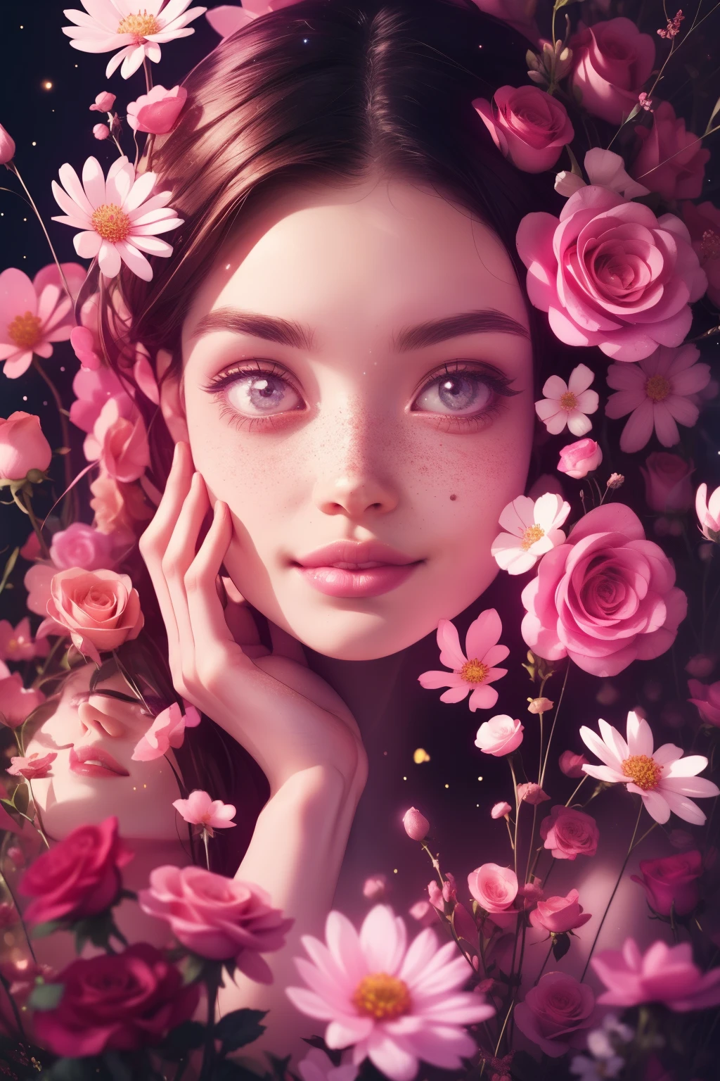 (This is a beautiful, intricate, (romatic) fantasy image that emphasizes beauty and grace.) Generate a blind curvy woman with soft natural freckles. Her face is important and should be (perfectly formed) with (beautiful puffy lips) and (perfect features). There is a cute freckle birthmark on her lip. The image exudes ethereal beauty and soft fantasy, with shimmering shades of pink throughout. Surround her with eternal roses in shimmering shades. Ensure perfection in her face, hair, and eyes. Include sweet and detailed birds and soft, luminous flowers and detailed roses. Utilize dynamic composition and dramatic lighting and cinematic lighting to create an interesting fantasy image. The background of the image is interesting and ultra-detailed, with soft fantasy lighting and gradients. Include fantasy details, cute aura, colorful, colourful, and interesting magical background. The image's background is decorated in shades of pink, shimmer, glitter, and fantasy details like colored bubbles and cosmos. Include subtle freckles, natural freckles and a diffused realistic skin tone. Incorporate elements of high fantasy, whimsy, and detailed elegance. English rose, princess, courtesan, noblewoman, sweet, lovely, calm, lovely, shimmering, glimmering, glittering, astrological fantasy, (((masterpiece))), (highest quality), magic rose, fantasy garden, beautiful face, perfect face, puffy lips, interesting, shy smile, fantasy elements, magic rose, beautiful eyes, perfect puffy lips, jewel tones, luminosity. Taken with a canon camera.