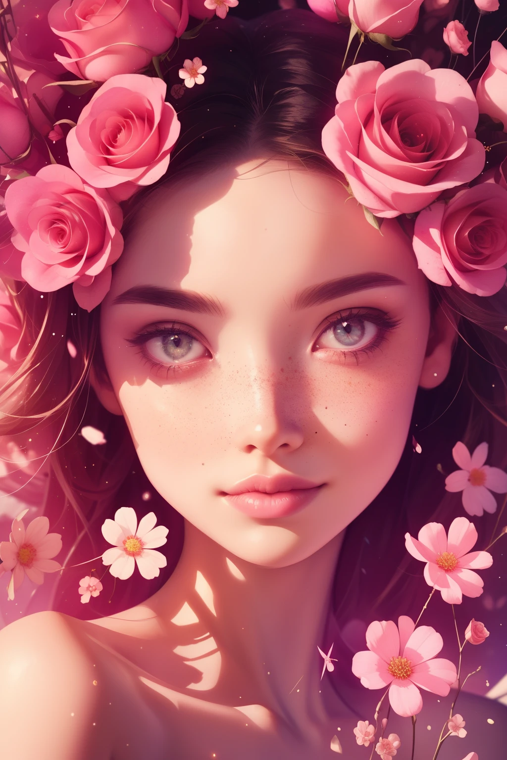 (This is a beautiful, intricate, (romatic) fantasy image that emphasizes beauty and grace.) Generate a blind curvy woman with soft natural freckles. Her face is important and should be (perfectly formed) with (beautiful puffy lips) and (perfect features). There is a cute freckle birthmark on her lip. The image exudes ethereal beauty and soft fantasy, with shimmering shades of pink throughout. Surround her with eternal roses in shimmering shades. Ensure perfection in her face, hair, and eyes. Include sweet and detailed birds and soft, luminous flowers and detailed roses. Utilize dynamic composition and dramatic lighting and cinematic lighting to create an interesting fantasy image. The background of the image is interesting and ultra-detailed, with soft fantasy lighting and gradients. Include fantasy details, cute aura, colorful, colourful, and interesting magical background. The image's background is decorated in shades of pink, shimmer, glitter, and fantasy details like colored bubbles and cosmos. Include subtle freckles, natural freckles and a diffused realistic skin tone. Incorporate elements of high fantasy, whimsy, and detailed elegance. English rose, princess, courtesan, noblewoman, sweet, lovely, calm, lovely, shimmering, glimmering, glittering, astrological fantasy, (((masterpiece))), (highest quality), magic rose, fantasy garden, beautiful face, perfect face, puffy lips, interesting, shy smile, fantasy elements, magic rose, beautiful eyes, perfect puffy lips, jewel tones, luminosity. Taken with a canon camera.