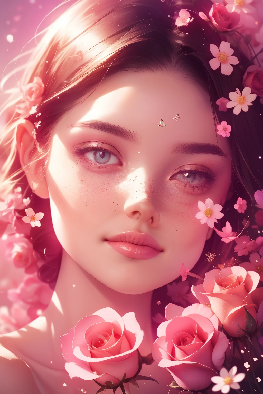 (This is a beautiful, intricate, (romatic) fantasy image that emphasizes beauty and grace.) Generate a blind curvy woman with soft natural freckles. Her face is important and should be (perfectly formed) with (beautiful puffy lips) and (perfect features). There is a cute freckle birthmark on her lip. The image exudes ethereal beauty and soft fantasy, with shimmering shades of pink throughout. Surround her with eternal roses in shimmering shades. Ensure perfection in her face, hair, and eyes. Include sweet and detailed birds and soft, luminous flowers and detailed roses. Utilize dynamic composition and dramatic lighting and cinematic lighting to create an interesting fantasy image. The background of the image is interesting and ultra-detailed, with soft fantasy lighting and gradients. Include fantasy details, cute aura, colorful, colourful, and interesting magical background. The image's background is decorated in shades of pink, shimmer, glitter, and fantasy details like colored bubbles and cosmos. Include subtle freckles, natural freckles and a diffused realistic skin tone. Incorporate elements of high fantasy, whimsy, and detailed elegance. English rose, princess, courtesan, noblewoman, sweet, lovely, calm, lovely, shimmering, glimmering, glittering, astrological fantasy, (((masterpiece))), (highest quality), magic rose, fantasy garden, beautiful face, perfect face, puffy lips, interesting, shy smile, fantasy elements, magic rose, beautiful eyes, perfect puffy lips, jewel tones, luminosity. Taken with a canon camera.