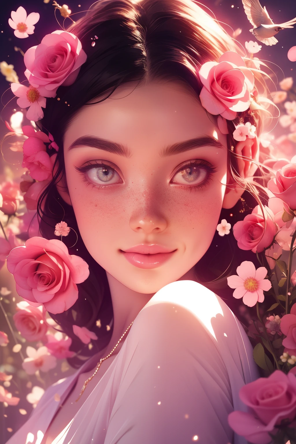 (This is a beautiful, intricate, (romatic) fantasy image that emphasizes beauty and grace.) Generate a blind curvy woman with soft natural freckles. Her face is important and should be (perfectly formed) with (beautiful puffy lips) and (perfect features). There is a cute freckle birthmark on her lip. The image exudes ethereal beauty and soft fantasy, with shimmering shades of pink throughout. Surround her with eternal roses in shimmering shades. Ensure perfection in her face, hair, and eyes. Include sweet and detailed birds and soft, luminous flowers and detailed roses. Utilize dynamic composition and dramatic lighting and cinematic lighting to create an interesting fantasy image. The background of the image is interesting and ultra-detailed, with soft fantasy lighting and gradients. Include fantasy details, cute aura, colorful, colourful, and interesting magical background. The image's background is decorated in shades of pink, shimmer, glitter, and fantasy details like colored bubbles and cosmos. Include subtle freckles, natural freckles and a diffused realistic skin tone. Incorporate elements of high fantasy, whimsy, and detailed elegance. English rose, princess, courtesan, noblewoman, sweet, lovely, calm, lovely, shimmering, glimmering, glittering, astrological fantasy, (((masterpiece))), (highest quality), magic rose, fantasy garden, beautiful face, perfect face, puffy lips, interesting, shy smile, fantasy elements, magic rose, beautiful eyes, perfect puffy lips, jewel tones, luminosity. Taken with a canon camera.