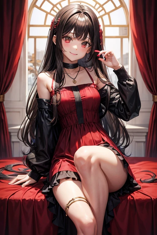 , sonrisa, pelo largo, vestido oscuro, cuerpo completo, colgante rojo