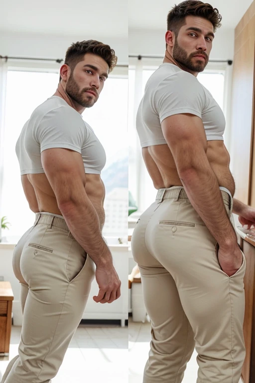 Un hombre con la cara se parece a braden werch., Su cuerpo es musculoso y pe barba dentada. Full body. Camisa Fajada,((big butt)), backside manly, creme trouser