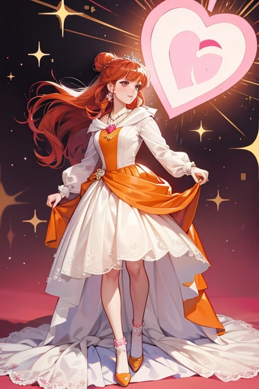 Lady Diana has long red hair tied in a bun and supported with her wedding dress and a huge pink heart necklace. This outfit was seen in her first appearance, but as a Lady Jewel candidate, she wore a long sleeved white shirt with a yellow hooded vest, orange skirt, knee-high socks and black shoes. SPARKLE; GLITTER