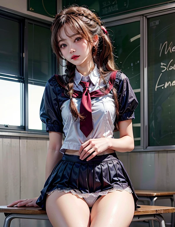 1 beautiful young girl, Pretty Face, (slim body:1.2), Practical, Extremely detailed CG unified 8k wallpaper, Very detailed, High-resolution original color photos, Professional photography, Practical portrait, light, Beautiful and detailed, (Beautiful breasts), (cleavage:1.2), (School uniform with wide open chest:1.5), (mini skirt:1.3), (Very small white lace panties:1.5), (Squat:1.1), Camel hoof detail, indoors, School, (best quality:1.4), Super Detail, high quality,long hair,蓬勃後long hair,braid,細braid,ponytail