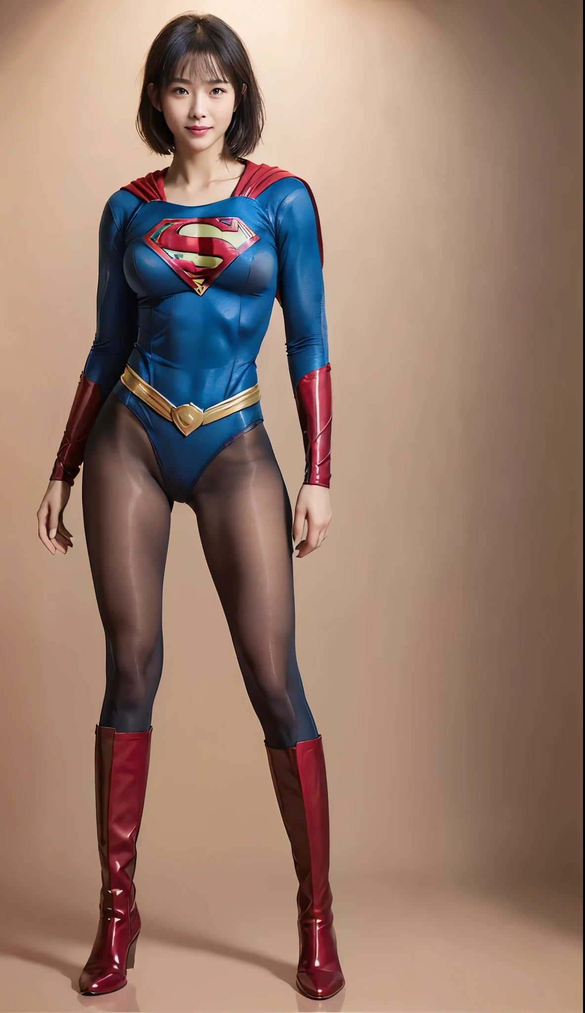 No background、(((Beautiful legs in black tights.)))、(((Legally express the beauty of your smile)))、((((Make the most of your original images)))、(((Supergirl Costume)))、(((Beautiful Hair)))、(((Smiles and winks)))、(((Please wear black tights....、Wear red boots)))、((Best image quality、8k))、((highest quality、8k、masterpiece:1.3))、(((Preserve background )))、Sharp focus:1.2、Beautiful woman with perfect figure:1.4、Slim Abs:1.2、Wet body:1.5、Highly detailed face and skin texture、8k