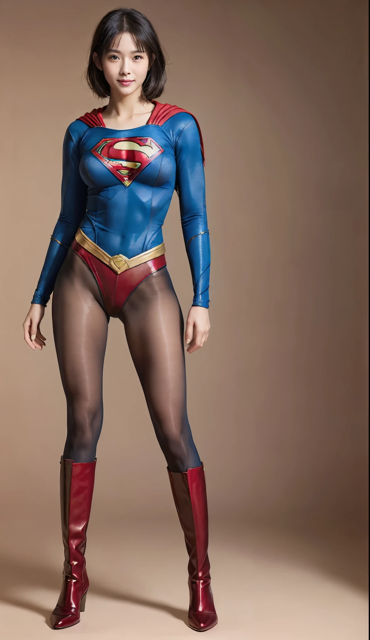 No background、(((Beautiful legs in black tights.)))、(((Legally express the beauty of your smile)))、((((Make the most of your original images)))、(((Supergirl Costume)))、(((Beautiful Hair)))、(((Smiles and winks)))、(((Please wear black tights....、Wear red boots)))、((Best image quality、8k))、((highest quality、8k、masterpiece:1.3))、(((Preserve background )))、Sharp focus:1.2、Beautiful woman with perfect figure:1.4、Slim Abs:1.2、Wet body:1.5、Highly detailed face and skin texture、8k