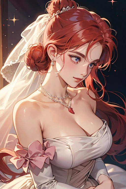 Lady Diana has long red hair tied in a bun and supported with her wedding dress and a huge pink heart necklace. SPARKLE; GLITTER