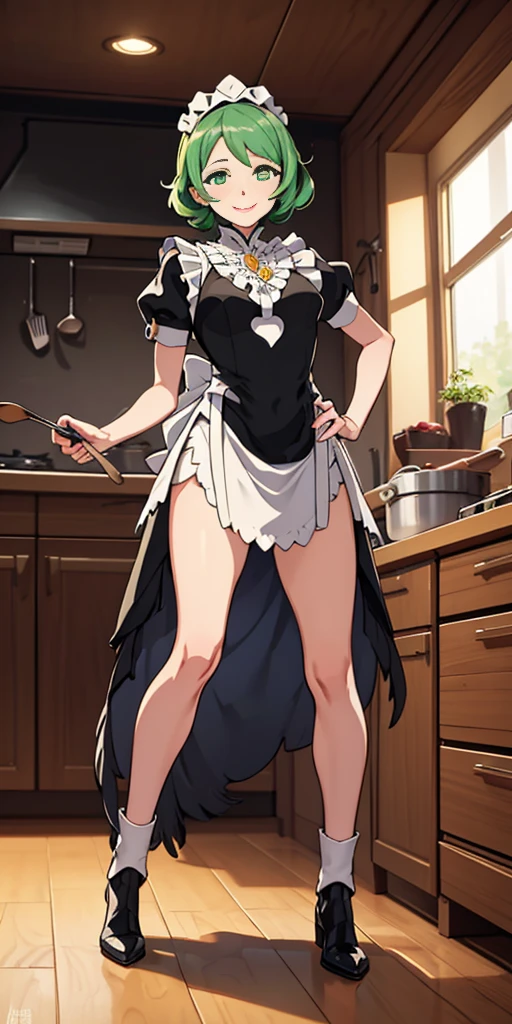 masterpiece, best quality, syrene, green eyes, headband, fates maid, kitchen, full body from below, cooking, smile red cheeks