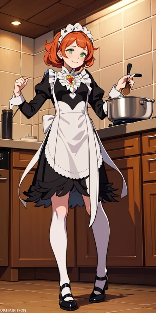 masterpiece, best quality, syrene, green eyes, headband, fates maid, kitchen, full body from below, cooking, smile red cheeks