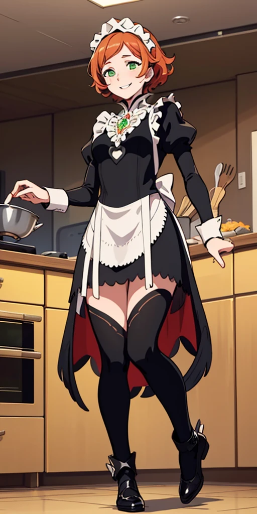 masterpiece, best quality, syrene, green eyes, headband, fates maid, kitchen, full body from below, cooking, smile red cheeks