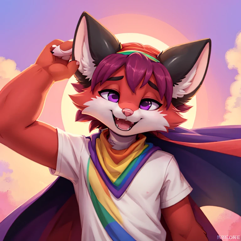 Anthropomorphic adult male crimson fox with pink nose, purple eyes, black sholders, horns, black ears and femenine look, is holding a lgbtq flag with his right arm, focus on face, open mouth, eyes closed, very happy, solo, digital art, pastel color background, front view, hands lifted up, cutecore, wearing light colored shirt and a bandana, half body view, icon pfp, with a large lgbtq cape around his shoulders, seen from the front, focus in face, looking at front
