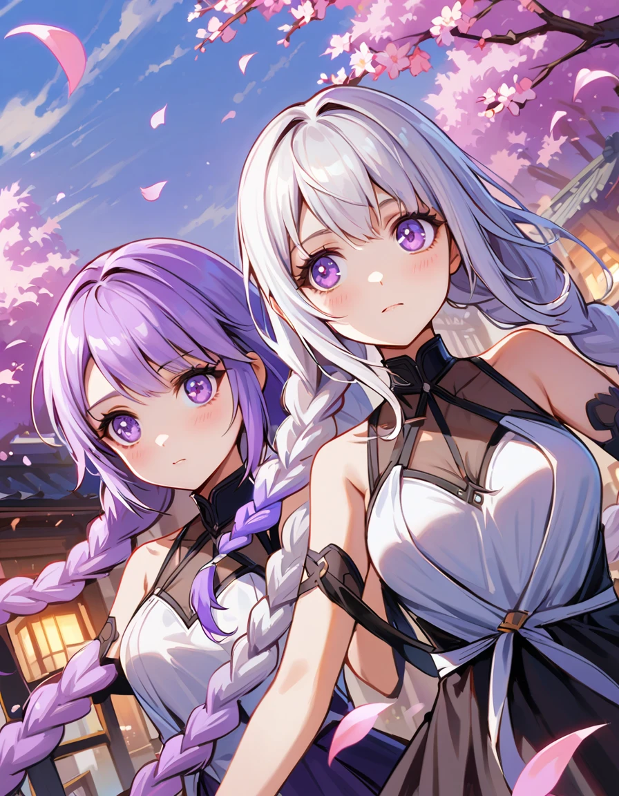 {{{masterpiece}, }}, {Extremely detailed CG unity 8k wallpaper}, Astonishing, Fine details, 2 girls Looking at the audience side by side, yinji, purple hair, purple eyes, long hair, white hair, double braids, gradient hair,, {{Cherry blossoms}, }, outdoor, Sky, {{wind}, }, Detailed background, Beautiful and delicate eyes, transparent:evening dress:0.3, cleveage, Smart pupils,Dynamic poses, Dynamic Angle, cleveage, looking at the audience, Detailed clothes, movie lighting, close up, best quality