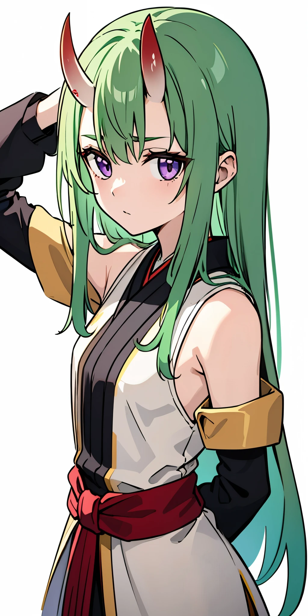 masterpiece, best quality, 4k, face close-up, portrait, 1girl, solo, beige hair, light green hair, pale green hair long hair, purple eyes, empty eyes, small breasts, (oni girl, oni horns), serious, determined, straight shot, white blouse, one piece blouse, japanese clothes, medieval fashion, standing, arms behind back, looking at viewer, white background, simple background, transparent background