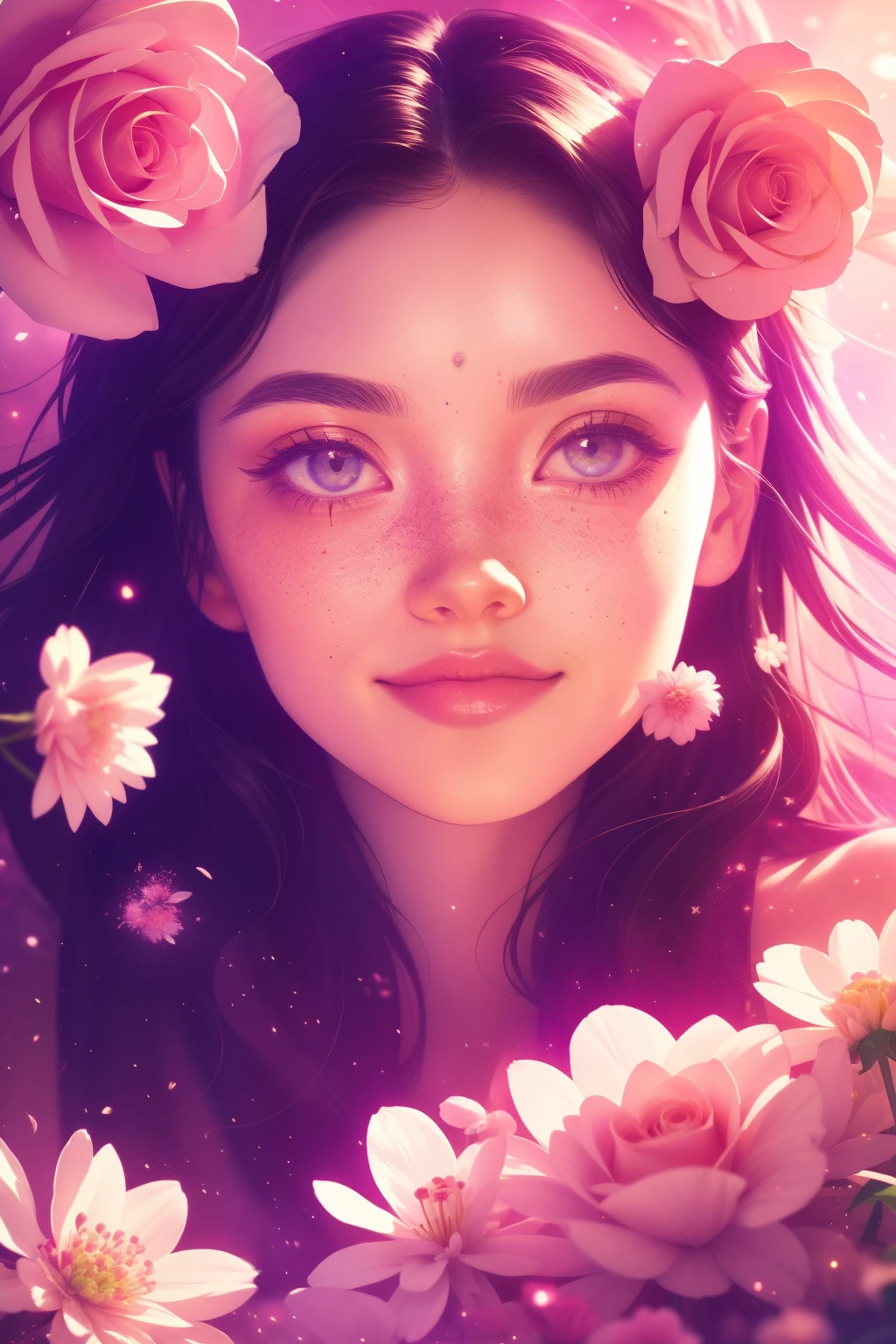 (This is a beautiful, intricate, (romatic) fantasy image that emphasizes beauty and grace.) Generate a blind curvy woman with soft natural freckles. Her face is important and should be (perfectly formed) with (beautiful puffy lips) and (perfect features). There is a cute freckle birthmark on her lip. The image exudes ethereal beauty and soft fantasy, with shimmering shades of pink throughout. Surround her with eternal roses in shimmering shades. Ensure perfection in her face, hair, and eyes. Include sweet and detailed birds and soft, luminous flowers and detailed roses. Utilize dynamic composition and dramatic lighting and cinematic lighting to create an interesting fantasy image. The background of the image is interesting and ultra-detailed, with soft fantasy lighting and gradients. Include fantasy details, cute aura, colorful, colourful, and interesting magical background. The image's background is decorated in shades of pink, shimmer, glitter, and fantasy details like colored bubbles and cosmos. Include subtle freckles, natural freckles and a diffused realistic skin tone. Incorporate elements of high fantasy, whimsy, and detailed elegance. English rose, princess, courtesan, noblewoman, sweet, lovely, calm, lovely, shimmering, glimmering, glittering, astrological fantasy, (((masterpiece))), (highest quality), magic rose, fantasy garden, beautiful face, perfect face, puffy lips, interesting, shy smile, fantasy elements, magic rose, beautiful eyes, perfect puffy lips, jewel tones, luminosity. Taken with a canon camera.