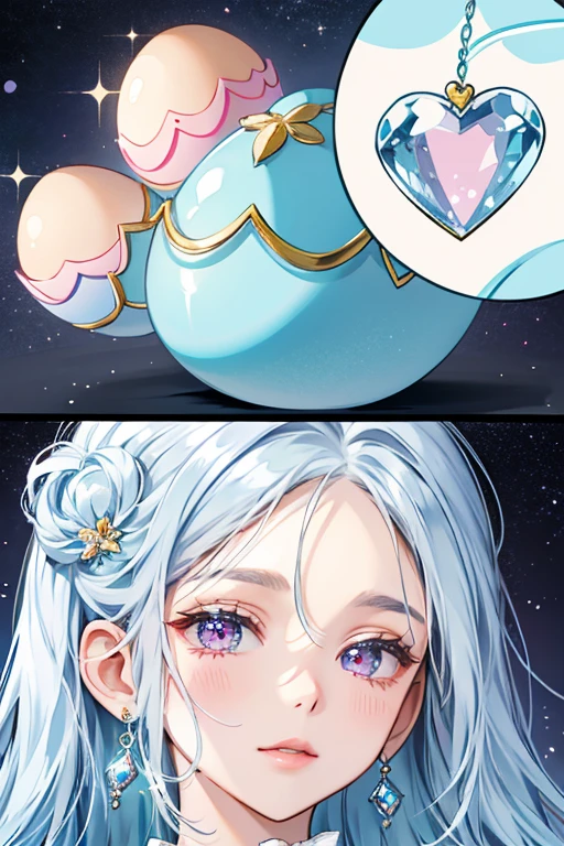 Labra's Jewel Charm is egg-shaped and colored baby blue. The top has a pink heart-shaped jewel, the bottom has smaller similar gems and there's a silver ring spacing between them. It also has white gold trimmings. SPARKLE; GLITTER