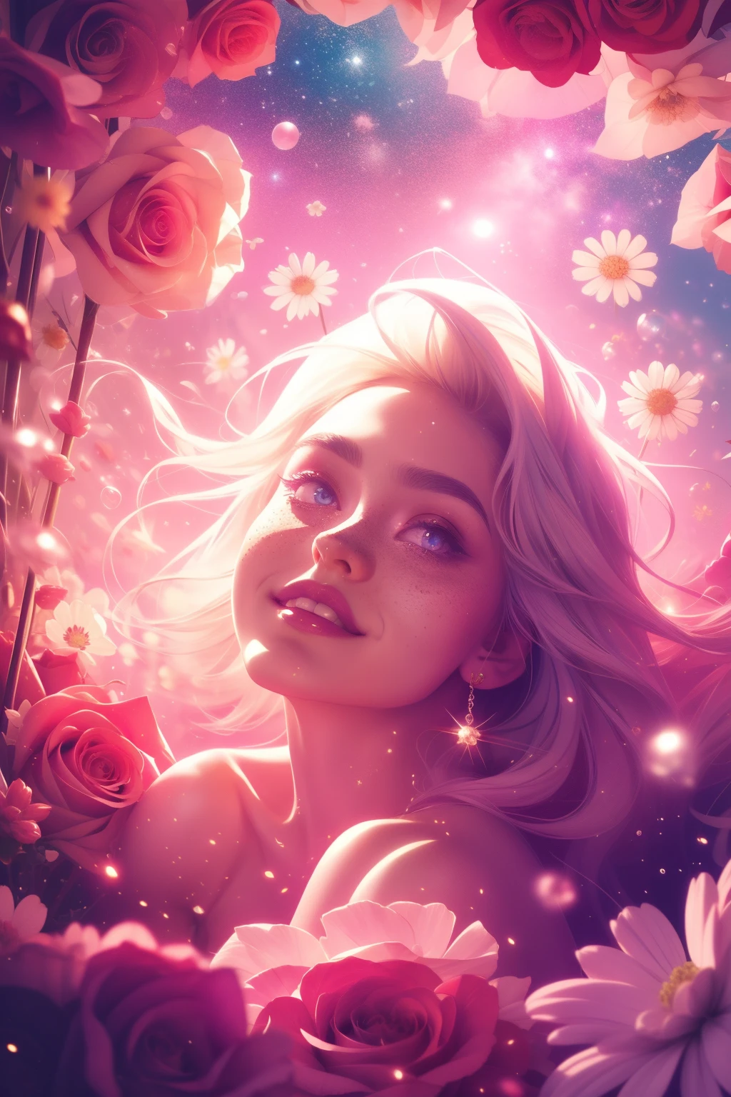 (This is a beautiful, intricate, (romatic) fantasy image that emphasizes beauty and grace.) Generate a blind curvy woman with soft natural freckles. Her face is important and should be (perfectly formed) with (beautiful puffy lips) and (perfect features). There is a cute freckle birthmark on her lip. The image exudes ethereal beauty and soft fantasy, with shimmering shades of pink throughout. Surround her with eternal roses in shimmering shades. Ensure perfection in her face, hair, and eyes. Include sweet and detailed birds and soft, luminous flowers and detailed roses. Utilize dynamic composition and dramatic lighting and cinematic lighting to create an interesting fantasy image. The background of the image is interesting and ultra-detailed, with soft fantasy lighting and gradients. Include fantasy details, cute aura, colorful, colourful, and interesting magical background. The image's background is decorated in shades of pink, shimmer, glitter, and fantasy details like colored bubbles and cosmos. Include subtle freckles, natural freckles and a diffused realistic skin tone. Incorporate elements of high fantasy, whimsy, and detailed elegance. English rose, princess, courtesan, noblewoman, sweet, lovely, calm, lovely, shimmering, glimmering, glittering, astrological fantasy, (((masterpiece))), (highest quality), magic rose, fantasy garden, beautiful face, perfect face, puffy lips, interesting, shy smile, fantasy elements, magic rose, beautiful eyes, perfect puffy lips, jewel tones, luminosity. Taken with a canon camera.