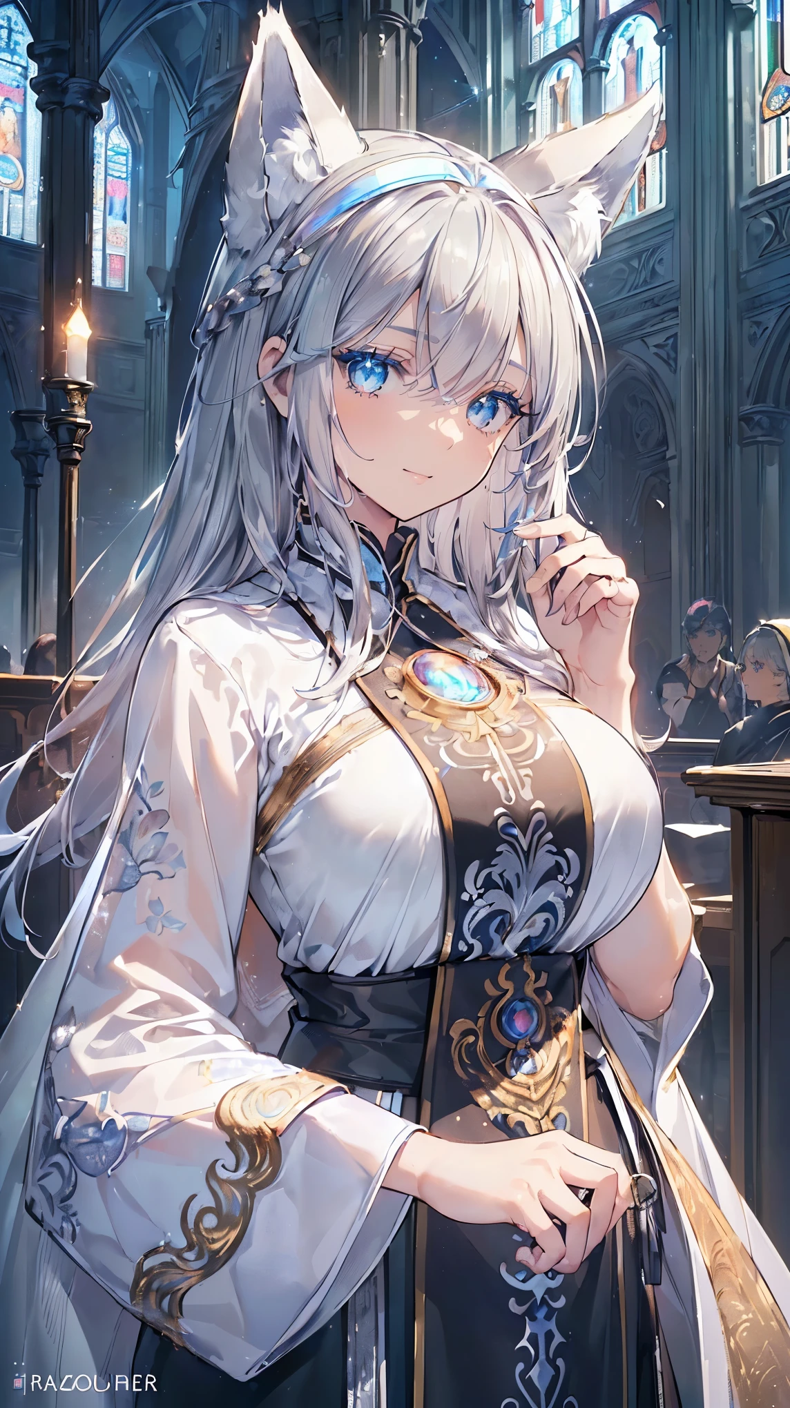 (((Masterpiece))), (((Highest quality))), ((Ultra-detailed)), ((Super fine illustration)), ((Ultra-fine painting)), (16K highest quality wallpaper:1.4), (Upper body:1.6), HDR, (Highly detailed and delicate illustration style:1.8), Detailed skin texture, Detailed cloth texture, Extreme detailed description, (T-masterpiece), (Highly detailed face:1.2), (Highly detailed fox ears:1.2), (Highly detailed and shiny Golden Brown hair:1.2), (Highly delicate and clear blue eyes:1.2), Original, RAW photo, Professional, Intricate details, Super details, Iridescent light:1.7, Direct light:1.6, (Perfect anatomy:1.4), (Highly detailed hands:1.2), (Highly detailed fingers:1.2), (Highly detailed fingertips:1.2), (27-years-old), (Solo:1.8), Real, ((A beautiful and attractive fox model with blue eyes who is a messenger of the gods and a shrine maiden:1.4)) BRAKE (Beautiful and adorable fox ears:1.6), (Highly detailed and delicate fox ears:1.4), (Beautiful and well-shaped big breasts:1.2), (Beautiful and well-shaped buttocks), (Very beautiful and shiny rainbow-colored hair, colorful hair:1.6), (Very beautiful and transparent blue eyes that shine in iridescent colors, colorful eyes:1.5), (Beautiful clear blue eyes with sparkling details:1.6), (Highly detailed face:1.4), (Smile:1.3), (looking at viewer:1.4), (Standing:1.4) BRAKE (Just after noon:1.4), ((Highly detailed and intricate European church interior in the background:1.4)), (Inside a European church with great detail and intricacy:1.2) BRAKE ((Bright black and silver female pope costume:1.5)) BRAKE