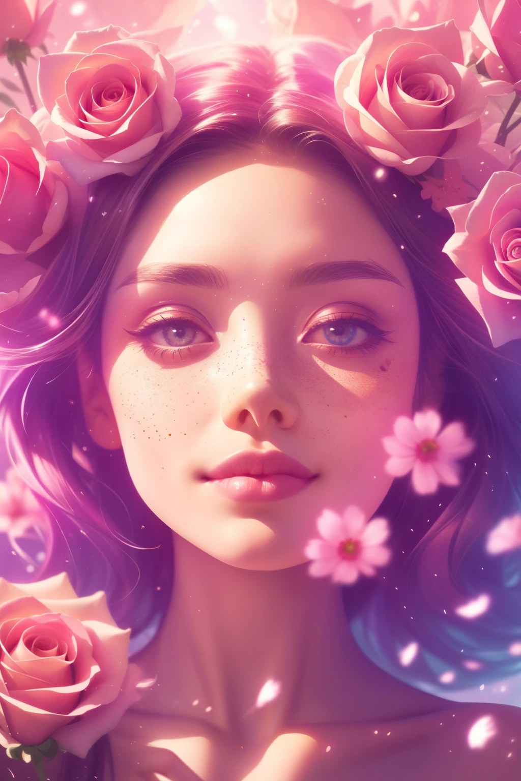 (This is a beautiful, intricate, (romatic) fantasy image that emphasizes beauty and grace.) Generate a blind curvy woman with soft natural freckles. Her face is important and should be (perfectly formed) with (beautiful puffy lips) and (perfect features). There is a cute freckle birthmark on her lip. The image exudes ethereal beauty and soft fantasy, with shimmering shades of pink throughout. Surround her with eternal roses in shimmering shades. Ensure perfection in her face, hair, and eyes. Include sweet and detailed birds and soft, luminous flowers and detailed roses. Utilize dynamic composition and dramatic lighting and cinematic lighting to create an interesting fantasy image. The background of the image is interesting and ultra-detailed, with soft fantasy lighting and gradients. Include fantasy details, cute aura, colorful, colourful, and interesting magical background. The image's background is decorated in shades of pink, shimmer, glitter, and fantasy details like colored bubbles and cosmos. Include subtle freckles, natural freckles and a diffused realistic skin tone. Incorporate elements of high fantasy, whimsy, and detailed elegance. English rose, princess, courtesan, noblewoman, sweet, lovely, calm, lovely, shimmering, glimmering, glittering, astrological fantasy, (((masterpiece))), (highest quality), magic rose, fantasy garden, beautiful face, perfect face, puffy lips, interesting, shy smile, fantasy elements, magic rose, beautiful eyes, perfect puffy lips, jewel tones, luminosity. Taken with a canon camera.