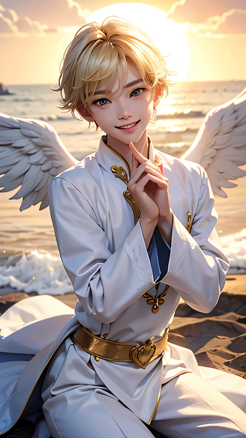 A boy angel who serves the Sun Goddess。 Make a big heart with your hands、He puts his face in it and smiles.。A pose that makes you feel like the king of love。Blonde。Wearing clothes that don&#39;t reveal any skin。The location is a sanctuary bathed in sunlight.。A sacred place bathed in soft, bright light