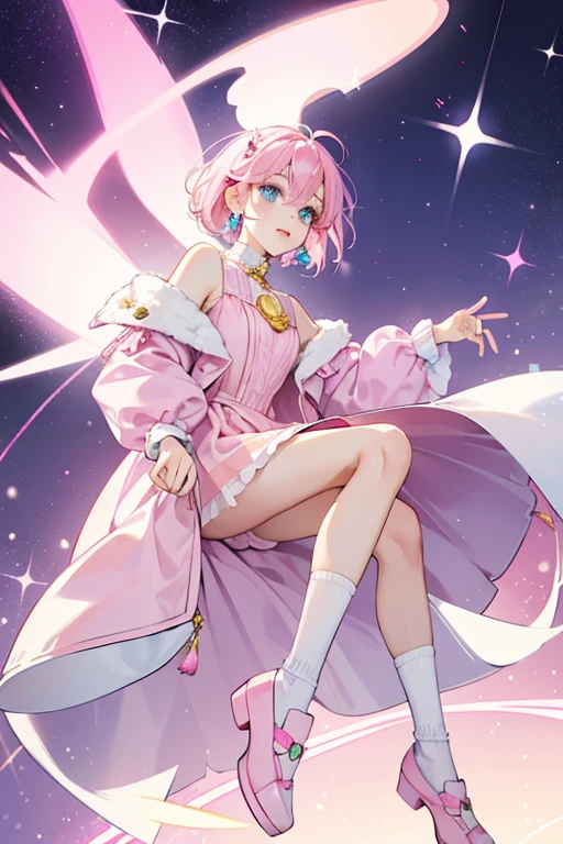 with blue eyes and a lively face, has short pink hair, and with the appearance of her pink ears. She wears a pink dress and yellow with two tassels of purple and a coat of white to the blue collar in the center, shaped like Saturn. She also has white socks and white and pink shoes. PARKLE; GLITTER