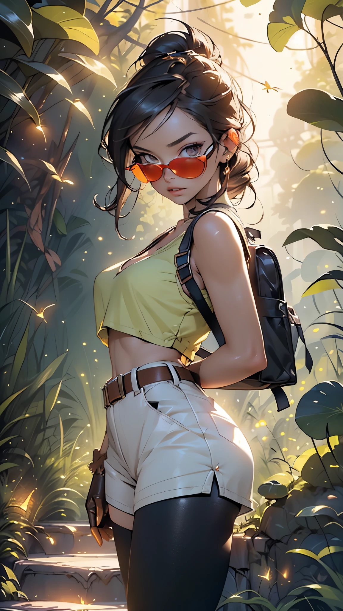 ((Lara Croft)),1girl,

(large breasts:1.5),((((single braid,braid,long hair, brown hair,brunette hair:1.3,hairbraid,hair scrunchie,low ponytail)))),(((brown_eyes:1.3))),intricate eyes,beautiful detailed eyes,symmetrical eyes,((((lustrous skin:1.5,bright skin: 1.5,shiny skin,very shiny skin,shiny body)))),(spider lower abdomen,narrow waist,wide hip,athletic body,inflated legs,thick thighs),(((detailed face))),beautiful detailed lips,Highlighted feminine curves,athletic build,slim athletic waist, wide hips,

cute,slutty,sensual,seductive look,seductive,((erotic)),(((nsfw))),

((blue tight crop top,tank top,cleavage)),(brown shorts,shorts belt,leather shorts, leather tool belt,black belt), 
midriff,(brown backpack),(tiny red round sunglasses, tinted eyewear),navel,(black gloves,(fingerless gloves)),bare legs,
exposed shoulders, (holster),((Nude middle breast)),

dynamic pose,looking at viewer,embarrassed,centered,scale to fit dimensions,Rule of thirds,

((((many fireflies,fireflies,glowing fireflies,fireflies in the background)))),

outdoors,overgrown,(overgrown background,glowing crystals,bioluminescent plant),scenery,extremely scenery,(((glowing crystals,bioluminescent plants))),(puddles everywhere,moss,moss on the background),clouds,lily pads,palms,reeds,(sunset, golden hour),

(Glossy explorer ornaments),highres,sharp focus,(ultra detailed,extremely detailed),(photorealistic artwork:1.37),(extremely detailed CG unity 8k wallpaper),(((vibrant colors,vibrant theme))),(intricate),(masterpiece),(best quality),artistic photography,(photography taken by sldr),(intricate background),perfect rendered face,perfect face details,realistic face,photo realistic,((intricate detail)),(((realism))),
