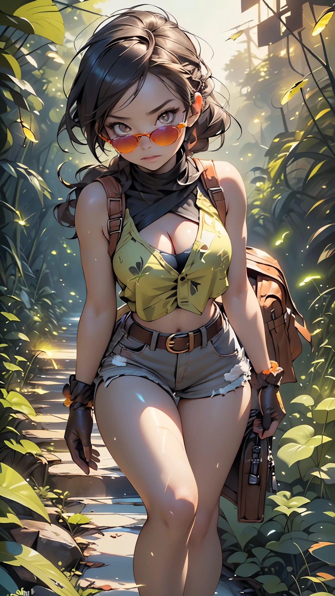 ((Lara Croft)),1girl,
(large breasts:1.5),((((single braid,braid,long hair, brown hair,brunette hair:1.3,hairbraid,hair scrunchie,low ponytail)))),(((brown_eyes:1.3))),intricate eyes,beautiful detailed eyes,symmetrical eyes,((((lustrous skin:1.5,bright skin: 1.5,shiny skin,very shiny skin,shiny body)))),(spider lower abdomen,narrow waist,wide hip,athletic body,inflated legs,thick thighs),(((detailed face))),beautiful detailed lips,Highlighted feminine curves,athletic build,slim athletic waist, wide hips,
cute,slutty,sensual,seductive look,seductive,((erotic)),(((nsfw))),
((blue tight crop top,tank top,cleavage)),(brown shorts,shorts belt,leather shorts, leather tool belt,black belt),
midriff,(brown backpack),(tiny red round sunglasses, tinted eyewear),navel,(black gloves,(fingerless gloves)),bare legs,
exposed shoulders, (holster),((Nude middle breast)),
dynamic pose,looking at viewer,embarrassed,centered,scale to fit dimensions,Rule of thirds,
((((many fireflies,fireflies,glowing fireflies,fireflies in the background)))),
outdoors,overgrown,(overgrown background,glowing crystals,bioluminescent plant),scenery,extremely scenery,(((glowing crystals,bioluminescent plants))),(puddles everywhere,moss,moss on the background),clouds,lily pads,palms,reeds,(sunset, golden hour),
(Glossy explorer ornaments),highres,sharp focus,(ultra detailed,extremely detailed),(photorealistic artwork:1.37),(extremely detailed CG unity 8k wallpaper),(((vibrant colors,vibrant theme))),(intricate),(masterpiece),(best quality),artistic photography,(photography taken by sldr),(intricate background),perfect rendered face,perfect face details,realistic face,photo realistic,((intricate detail)),(((realism))),