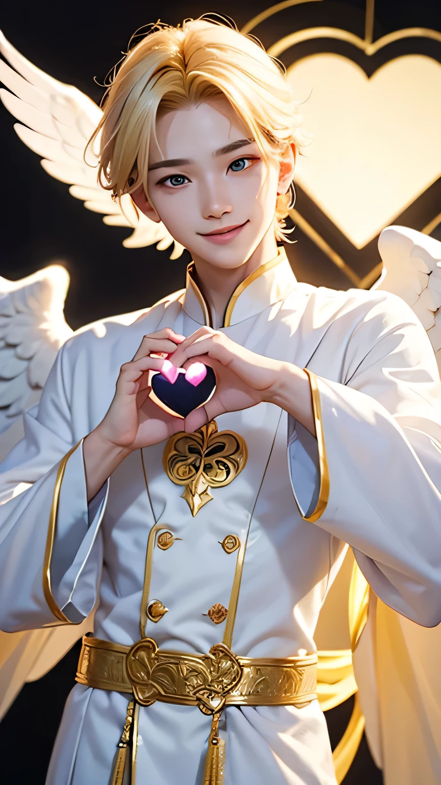 A boy angel who serves the Sun Goddess。 Make a big heart with your hands、He puts his face in it and smiles.。A pose that makes you feel like the king of love。Blonde。Wearing clothes that don't reveal any skin。The location is a sanctuary bathed in sunlight.。A sacred place bathed in soft, bright light