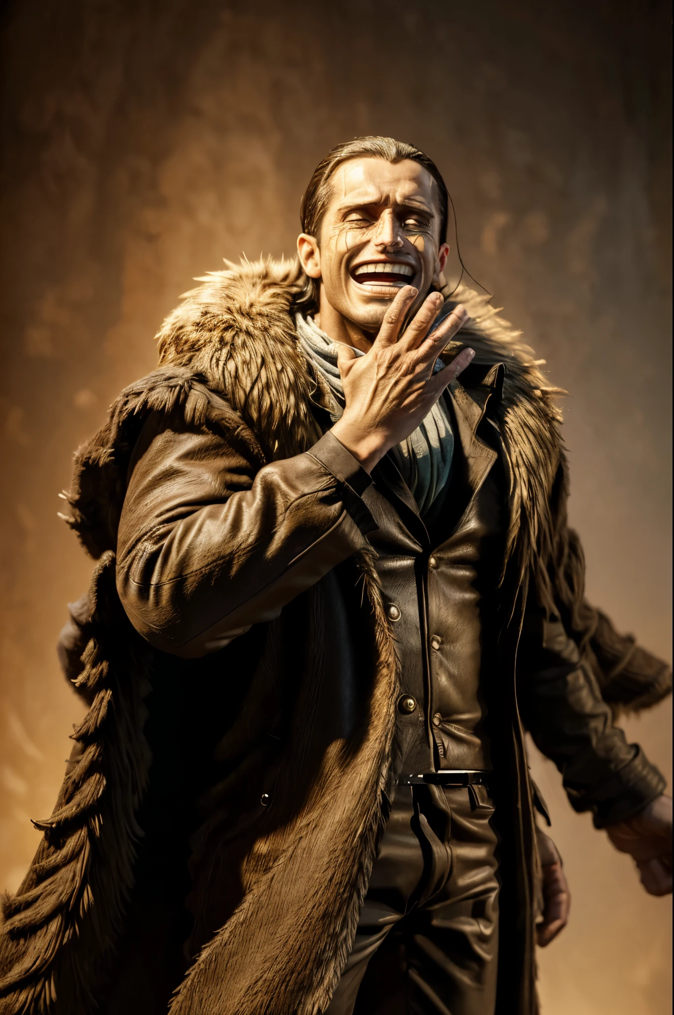 masterpiece, best quality, extremely detailed, hyperrealistic, photorealistic, a cool 40s man, ultra detailed face:1.2, fur-trimmed coat, scarf around the neck, his left hand is a golden pirate hook, raising hands, claw pose:1.2, laughing, white background
