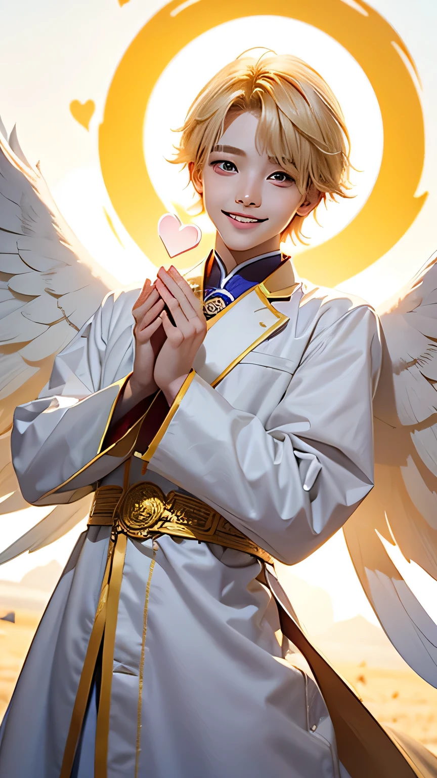 A boy angel who serves the Sun Goddess。 Make a big heart with your hands、He puts his face in it and smiles.。A pose that makes you feel like the king of love。Blonde。Wearing clothes that don&#39;t reveal any skin。The location is a sanctuary bathed in sunlight.。A sacred place bathed in soft, bright light