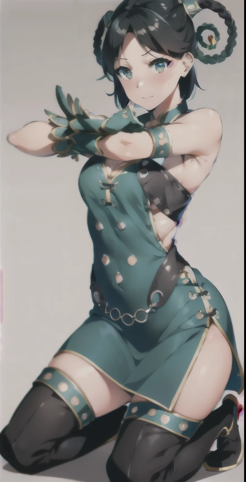 (Highly detailed CG), (highest quality), Dear Mele、mini skirt、Crouching with legs apart and facing forward、White pantiesが見える程脚を開く、Perfect Face, Shiny skin, Shiny skin,Wide Hips,A girl with a small waist,mini skirt、White panties、solo meregeki,Multicolored Hair, Thighs,twin Braidings,Side slits,black Thighs,Bracelet, Iris,Cleavage,thigh boots, green ミニdress, green gloves, hair ornaments,short hair, boots, china dress, Exposing shoulders, Hair Ring, Braiding,Thighs,Chinese clothing, gloves, dress, Black Hair, anger, Combat Stance, , Clenched hands,