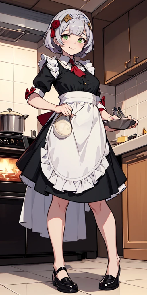 masterpiece, best quality, syrene, green eyes, headband, fates maid, kitchen, full body from below, cooking, smile red cheeks