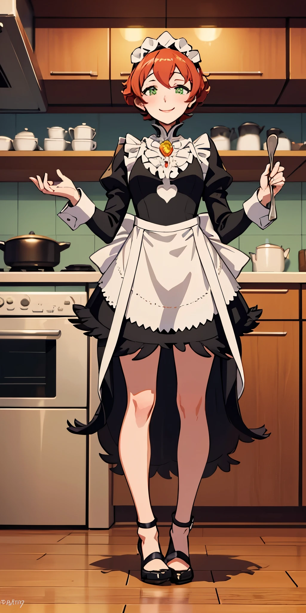 masterpiece, best quality, syrene, green eyes, headband, fates maid, kitchen, full body from below, cooking, smile red cheeks