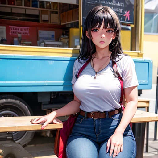 A dark-haired woman wearing full-zip shorts is eating a tlayuda at a taco stand　Jeans have a belt　　　With side slits　Both legs are missing