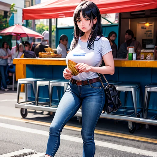 A dark-haired woman wearing full-zip shorts is eating a tlayuda at a taco stand　Jeans have a belt　　　With side slits　Both legs are missing