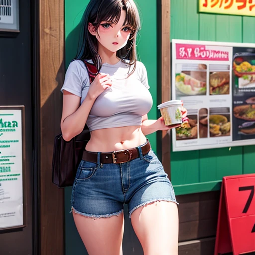 A dark-haired woman wearing full-zip shorts is eating a tlayuda at a taco stand　Jeans have a belt　　　With side slits　Both legs are missing