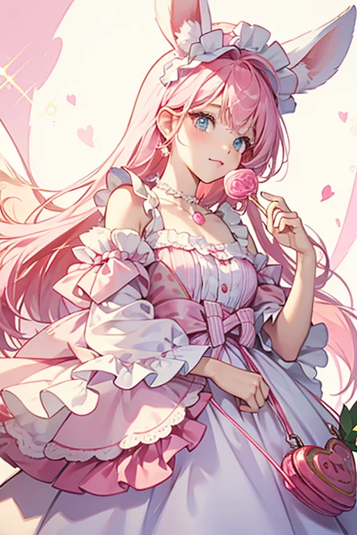 Lolip is a pinkish-white rabbit with a big fluffy tail. She has eyes made out of strawberry candies, which are colored reddish-pink. For her attire, she wears a pink frilly maid hat with pink ribbons to the sides, a red flower on her left ear and a blue pearl necklace with a pink jewel shaped like a swirly lollipop. She also carries a yellow shoulder bag around with the same lollipop jewel decorated onto it. SPARKLE; GLITTER
