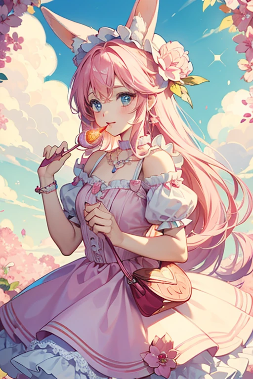 ((Best quality)), ((masterpiece)), (detailed), ((perfect face)), One Girl、Pink long hair、blue eyes、A white dress with black lace、large pink ribbon on the chest、Hydrangea is blooming、Lots of hydrangeas、sitting on a park bench、Eating ice cream