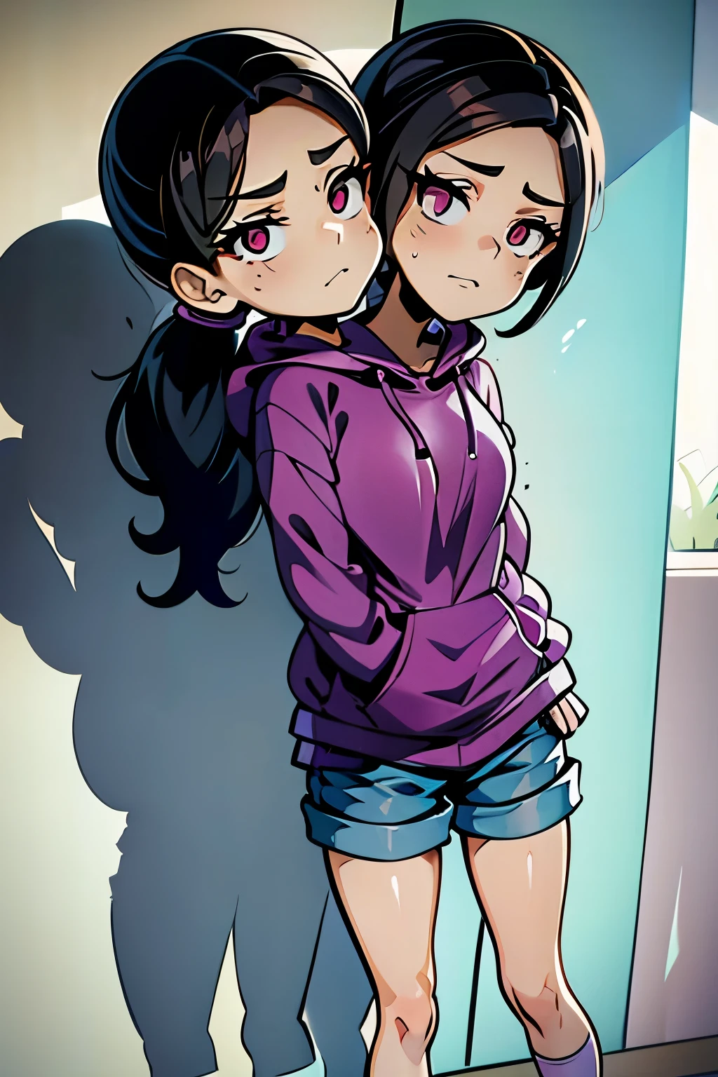 conjoined, 2heads, girl with two heads instead of one, 2head, cuerpo curvilineo, brazos curvilineos, usando shorts, ropa abrigada, piernas curvilineas, anime cartoon, using a purple hoodie, each head has a ponytail, anatomia proporcionada ideal para una persona de dos cabezas