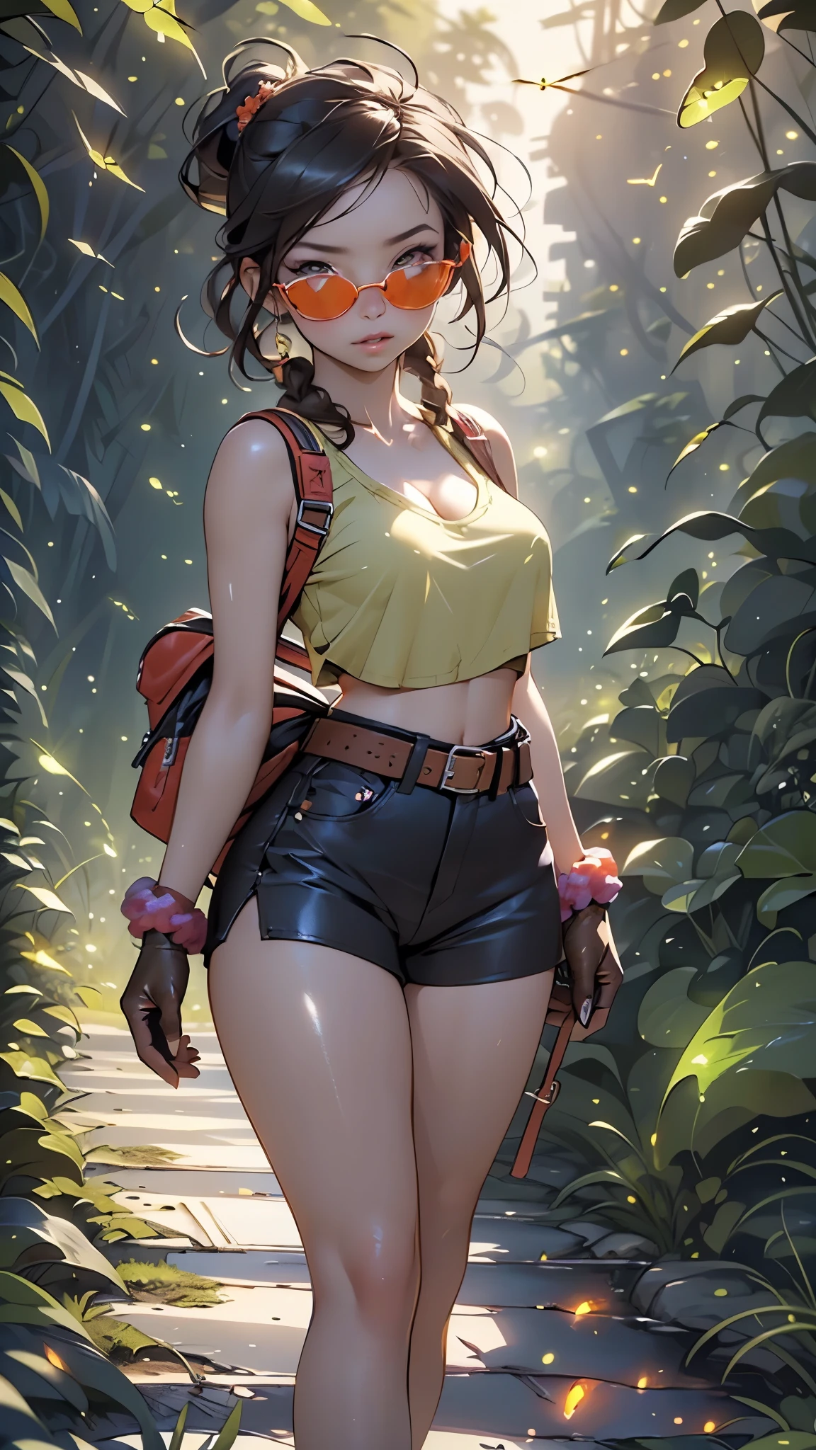 ((Lara Croft)),1girl,
(large breasts:1.5),((((single braid,braid,long hair, brown hair,brunette hair:1.3,hairbraid,hair scrunchie,low ponytail)))),(((brown_eyes:1.3))),intricate eyes,beautiful detailed eyes,symmetrical eyes,((((lustrous skin:1.5,bright skin: 1.5,shiny skin,very shiny skin,shiny body)))),(spider lower abdomen,narrow waist,wide hip,athletic body,inflated legs,thick thighs),(((detailed face))),beautiful detailed lips,Highlighted feminine curves,athletic build,slim athletic waist, wide hips,
cute,slutty,sensual,seductive look,seductive,((erotic)),(((nsfw))),
((blue tight crop top,tank top,cleavage)),(brown shorts,shorts belt,leather shorts, leather tool belt,black belt),
midriff,(brown backpack),(tiny red round sunglasses, tinted eyewear),navel,(black gloves,(fingerless gloves)),bare legs,
exposed shoulders, (holster),((Nude middle breast)),
dynamic pose,looking at viewer,embarrassed,centered,scale to fit dimensions,Rule of thirds,
((((many fireflies,fireflies,glowing fireflies,fireflies in the background)))),
outdoors,overgrown,(overgrown background,glowing crystals,bioluminescent plant),scenery,extremely scenery,(((glowing crystals,bioluminescent plants))),(puddles everywhere,moss,moss on the background),clouds,lily pads,palms,reeds,(sunset, golden hour),
(Glossy explorer ornaments),highres,sharp focus,(ultra detailed,extremely detailed),(photorealistic artwork:1.37),(extremely detailed CG unity 8k wallpaper),(((vibrant colors,vibrant theme))),(intricate),(masterpiece),(best quality),artistic photography,(photography taken by sldr),(intricate background),perfect rendered face,perfect face details,realistic face,photo realistic,((intricate detail)),(((realism))),