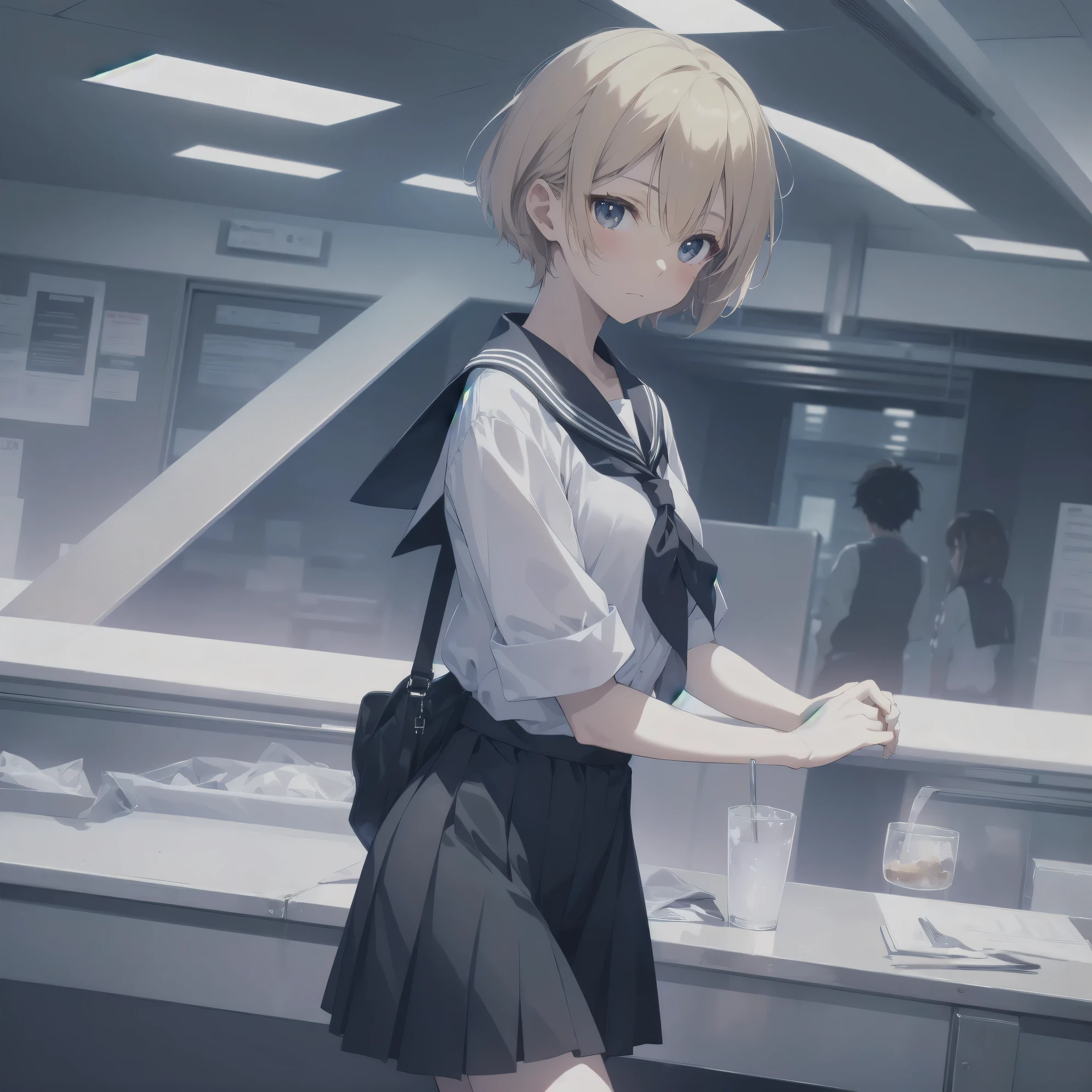 ultra-absurdres-Top quality by artist God, ultra-detailed, high resolution, anime moe artstyle, best anime 8k konachan wallpaper, pixiv contest winner, pool:2810, perfect anatomy,break, 1girl, (Please draw a girl walking sleepily to school alone. )break,(Solo,little female, 13-year-old:1.3),Full limbs, complete fingers,a junior high school student, (very short hair), short cut, flat chest, , small butt, small black eyes, beautiful detailed eyes, well-proportioned iris and pupils, expressive eyes, highres detailed hair, soft expression, salor school_uniform, sailor collar, serahuku, bow, pleated skirt,(Detailed Lighting), (Detailed background), in the School commute route. break,super detailed skin, Best cinematic lighting powered by famous artist, 8k,beauty illustration,photoshop_(medium),very aesthetic,break,((artist:yua_(checkmate) )), artist:clamp ,artist:carnelian ,artist:kantoku ,