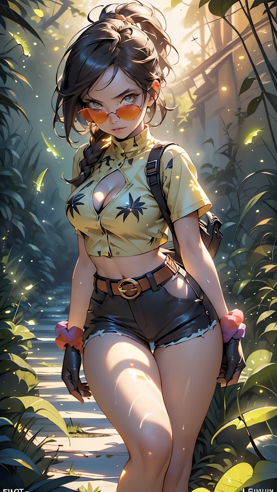 ((Lara Croft)),1girl,
(large breasts:1.5),((((single braid,braid,long hair, brown hair,brunette hair:1.3,hairbraid,hair scrunchie,low ponytail)))),(((brown_eyes:1.3))),intricate eyes,beautiful detailed eyes,symmetrical eyes,((((lustrous skin:1.5,bright skin: 1.5,shiny skin,very shiny skin,shiny body)))),(spider lower abdomen,narrow waist,wide hip,athletic body,inflated legs,thick thighs),(((detailed face))),beautiful detailed lips,Highlighted feminine curves,athletic build,slim athletic waist, wide hips,
cute,slutty,sensual,seductive look,seductive,((erotic)),(((nsfw))),
((blue tight crop top,tank top,cleavage)),(brown shorts,shorts belt,leather shorts, leather tool belt,black belt),
midriff,(brown backpack),(tiny red round sunglasses, tinted eyewear),navel,(black gloves,(fingerless gloves)),bare legs,
exposed shoulders, (holster),((Nude middle breast)),
dynamic pose,looking at viewer,embarrassed,centered,scale to fit dimensions,Rule of thirds,
((((many fireflies,fireflies,glowing fireflies,fireflies in the background)))),
outdoors,overgrown,(overgrown background,glowing crystals,bioluminescent plant),scenery,extremely scenery,(((glowing crystals,bioluminescent plants))),(puddles everywhere,moss,moss on the background),clouds,lily pads,palms,reeds,(sunset, golden hour),
(Glossy explorer ornaments),highres,sharp focus,(ultra detailed,extremely detailed),(photorealistic artwork:1.37),(extremely detailed CG unity 8k wallpaper),(((vibrant colors,vibrant theme))),(intricate),(masterpiece),(best quality),artistic photography,(photography taken by sldr),(intricate background),perfect rendered face,perfect face details,realistic face,photo realistic,((intricate detail)),(((realism))),