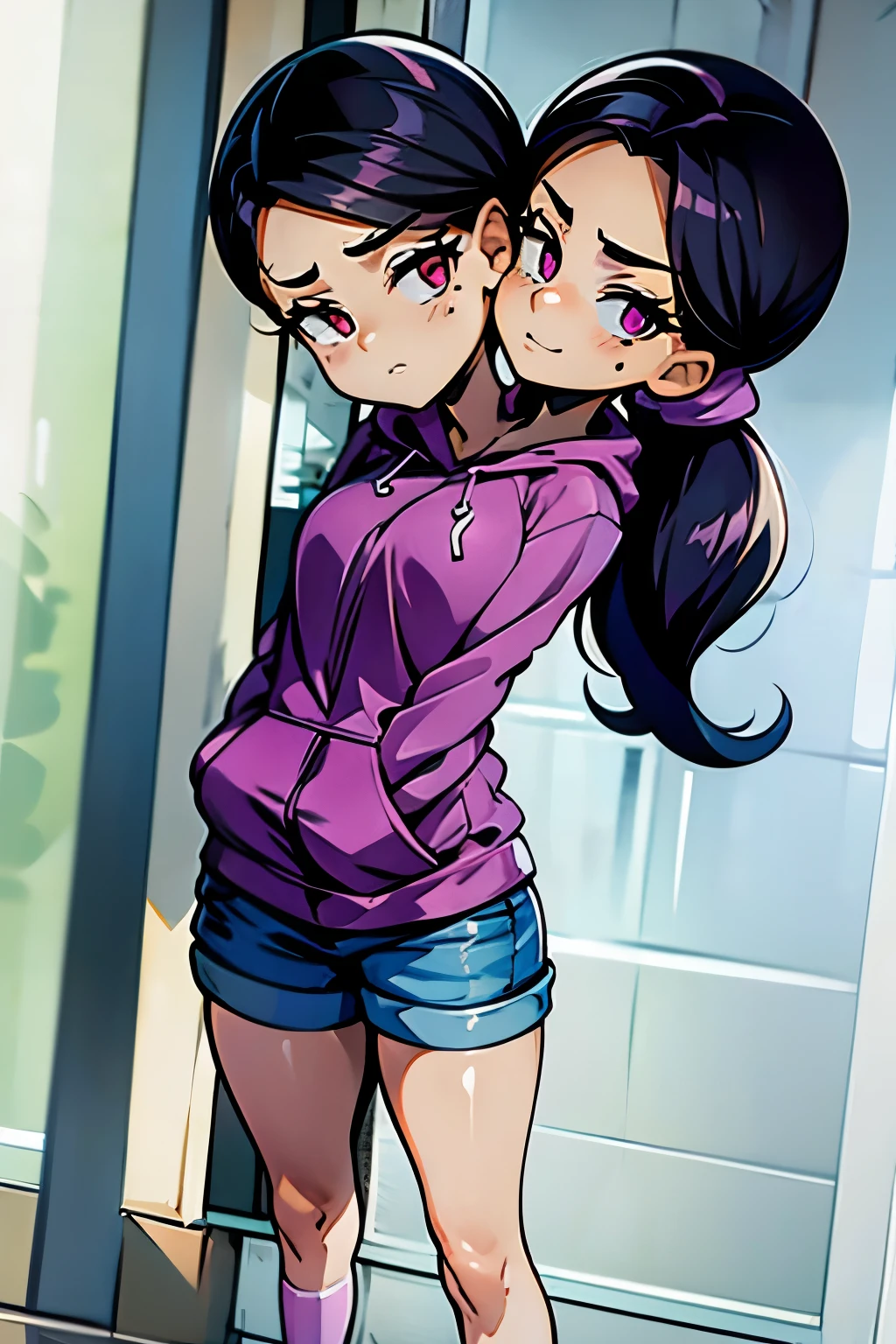 conjoined, 2heads, girl with two heads instead of one, 2head, cuerpo curvilineo, brazos curvilineos, usando shorts, ropa abrigada, piernas curvilineas, anime cartoon, using a purple hoodie, each head has a ponytail, anatomia proporcionada ideal para una persona de dos cabezas