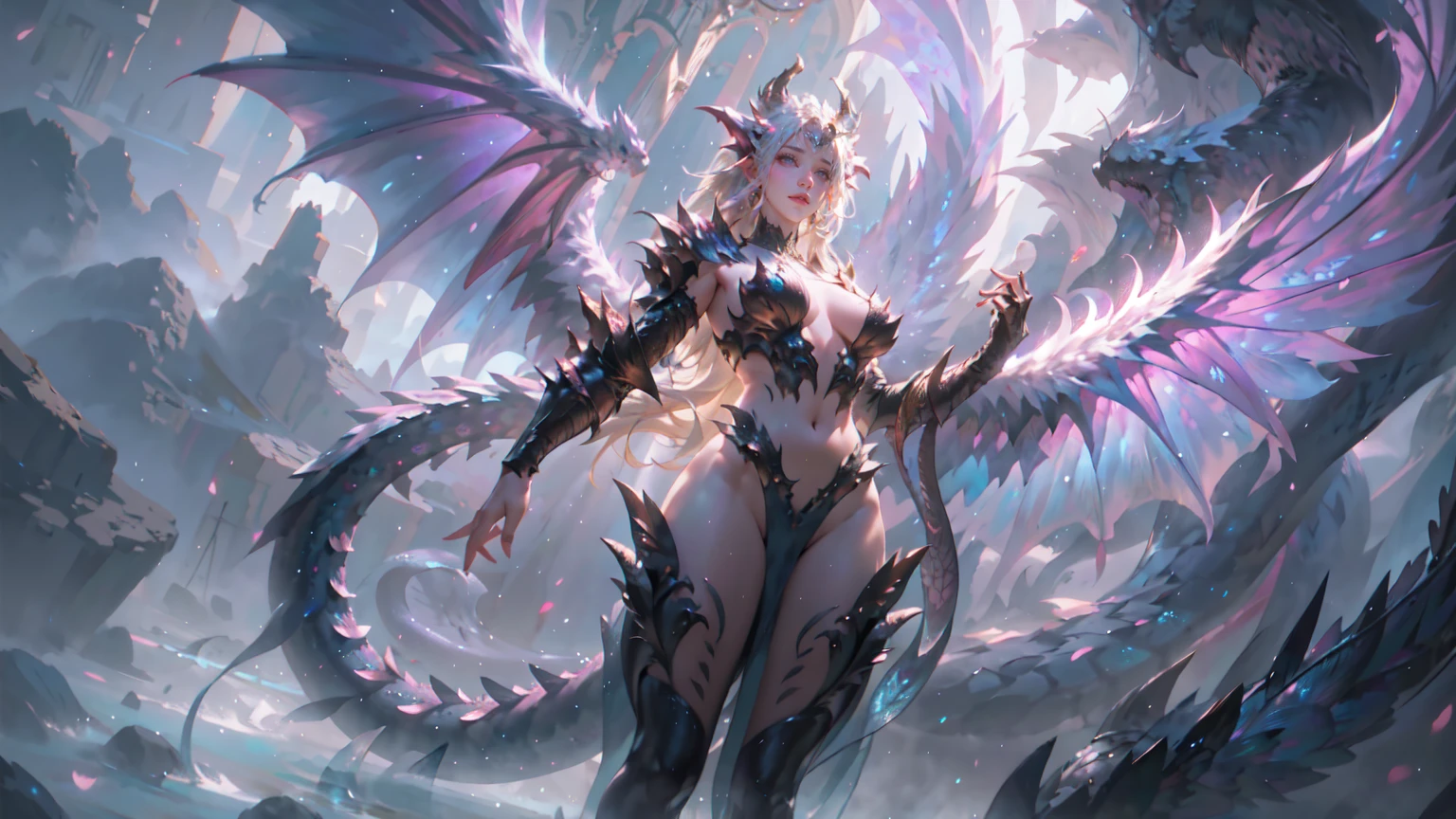 Dragon Girl, Glowing scales, Majestic wings, flowing mane, Ethereal Background, Mysterious atmosphere, Colorful, complex patterns, atmosphere, Ultra-high resolution, (Realistically:1.4), RAW photos,16K,Dramatic Lighting,